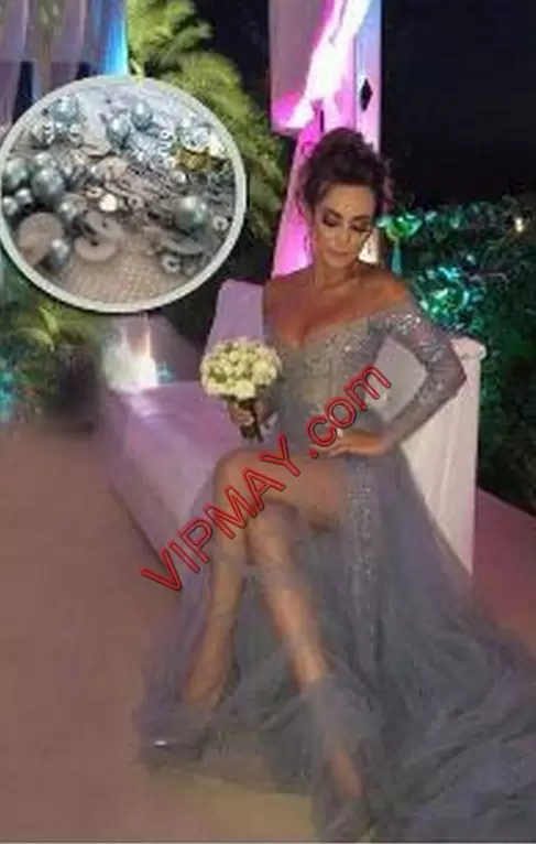 Custom Design Grey Mermaid Sweetheart Long Sleeves Satin and Organza and Tulle Floor Length Sweep Train Lace Up Beading and Lace Bridesmaids Dress