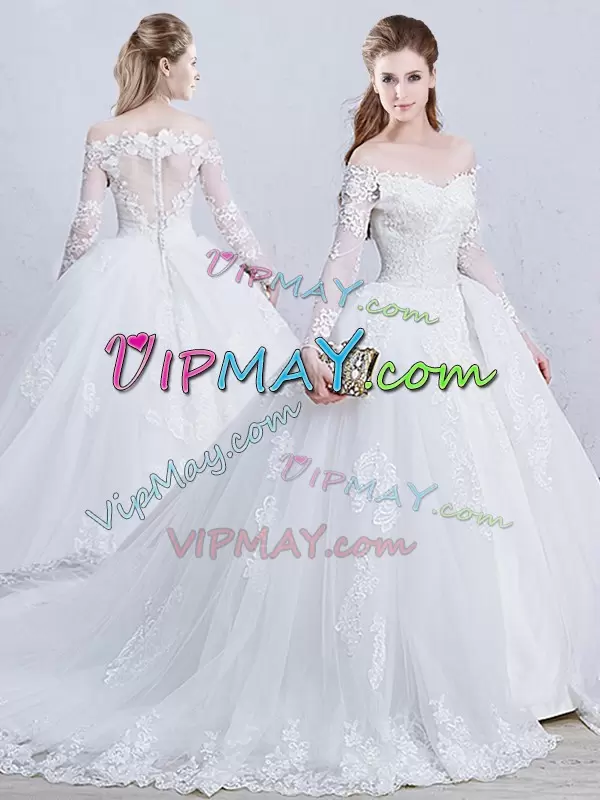 White Wedding Gowns Wedding Party with Lace and Appliques Off The Shoulder Long Sleeves Brush Train Zipper