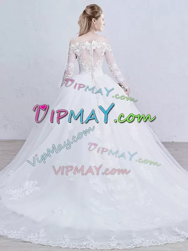 White Wedding Gowns Wedding Party with Lace and Appliques Off The Shoulder Long Sleeves Brush Train Zipper