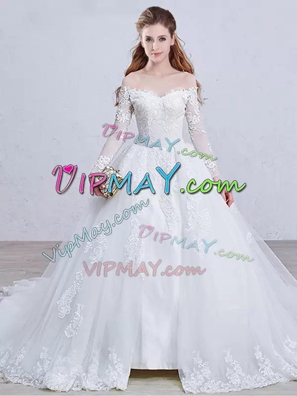 White Wedding Gowns Wedding Party with Lace and Appliques Off The Shoulder Long Sleeves Brush Train Zipper