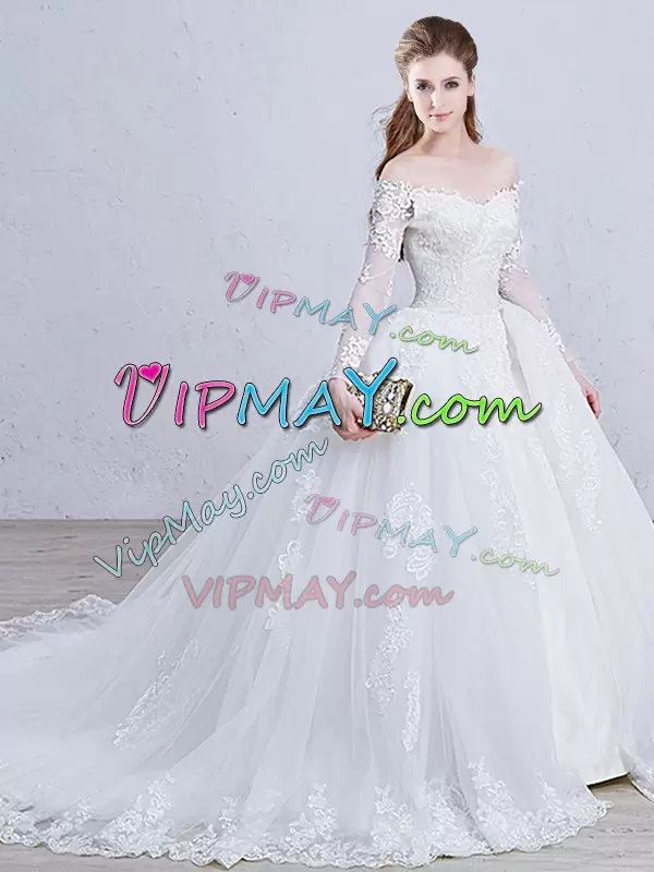 White Wedding Gowns Wedding Party with Lace and Appliques Off The Shoulder Long Sleeves Brush Train Zipper