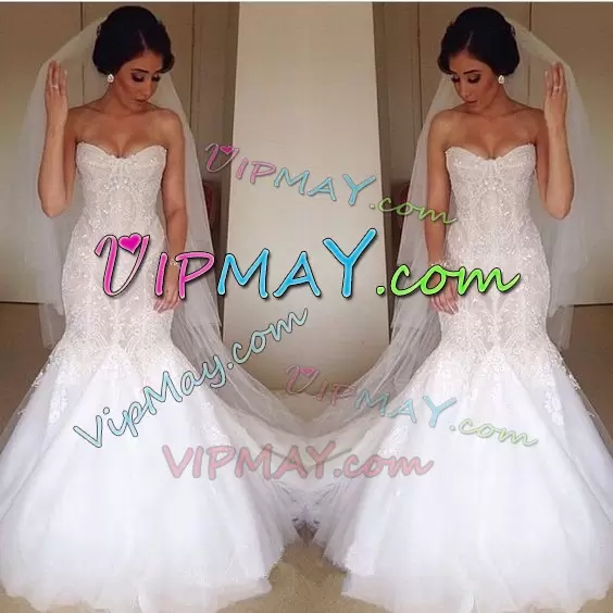 Pretty White Wedding Gowns Beach and Wedding Party with Beading and Appliques Sweetheart Sleeveless Brush Train Lace Up