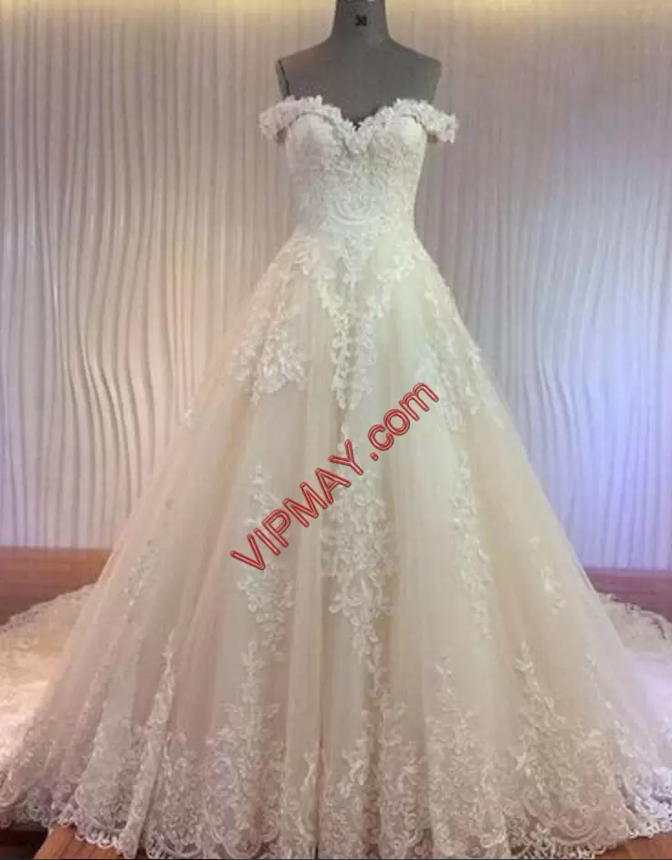 White Tulle Zipper Wedding Dress Sleeveless Chapel Train Lace