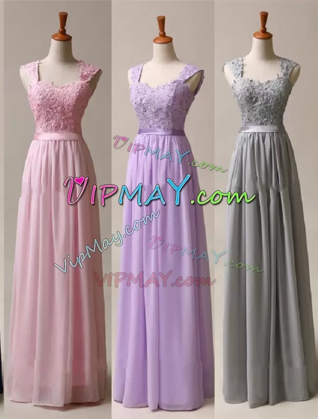 Straps Cap Sleeves Bridesmaid Dress Pink Chiffon Lace and Appliques and Ruching