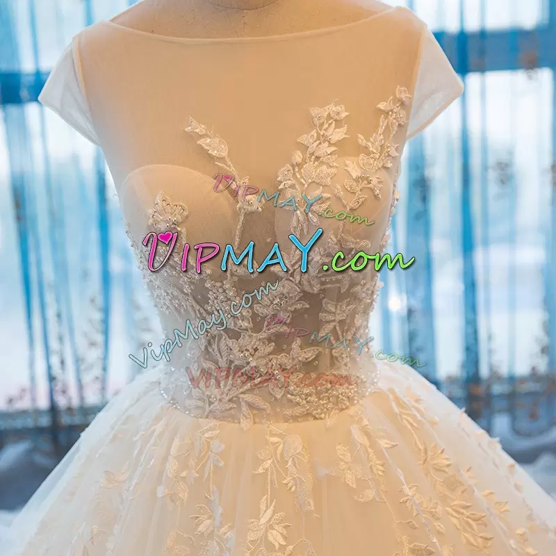 Shining Scoop Short Sleeves Chapel Train Lace Up Wedding Dresses White Tulle Appliques