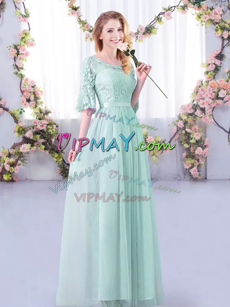 Clearance Light Blue Half Sleeves Lace and Belt Floor Length Quinceanera Court of Honor Dress