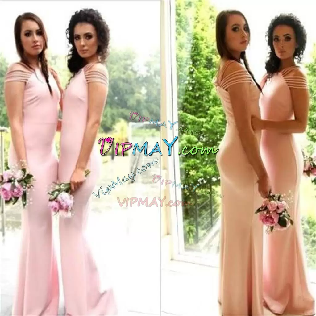 Edgy Pink Sleeveless Sweep Train Ruching Bridesmaids Dress