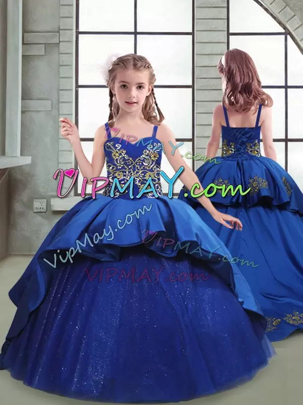 Luxurious Royal Blue Taffeta and Tulle Lace Up Little Girl Pageant Gowns Sleeveless Brush Train Embroidery