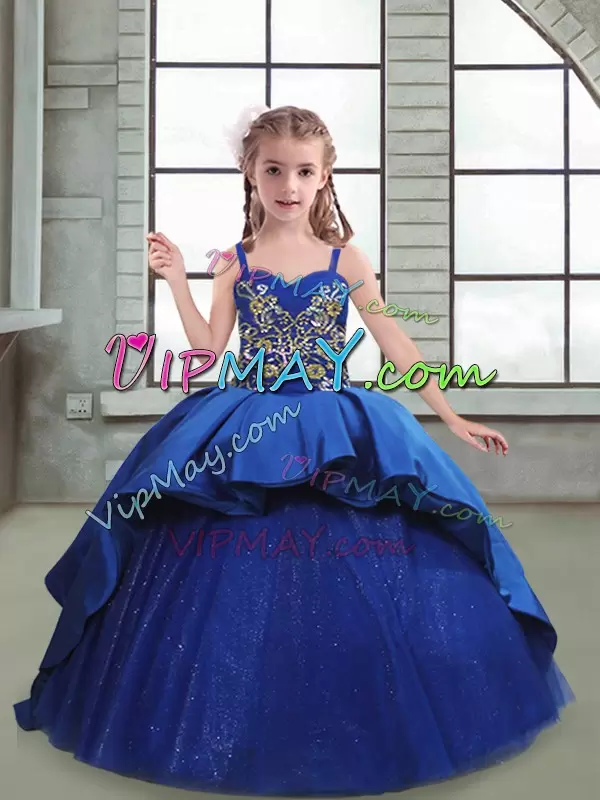 Luxurious Royal Blue Taffeta and Tulle Lace Up Little Girl Pageant Gowns Sleeveless Brush Train Embroidery