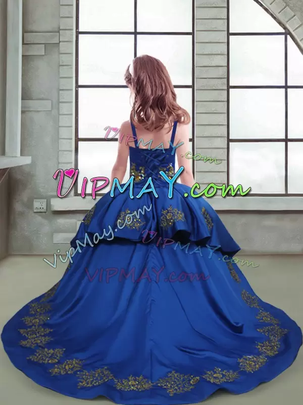 Luxurious Royal Blue Taffeta and Tulle Lace Up Little Girl Pageant Gowns Sleeveless Brush Train Embroidery