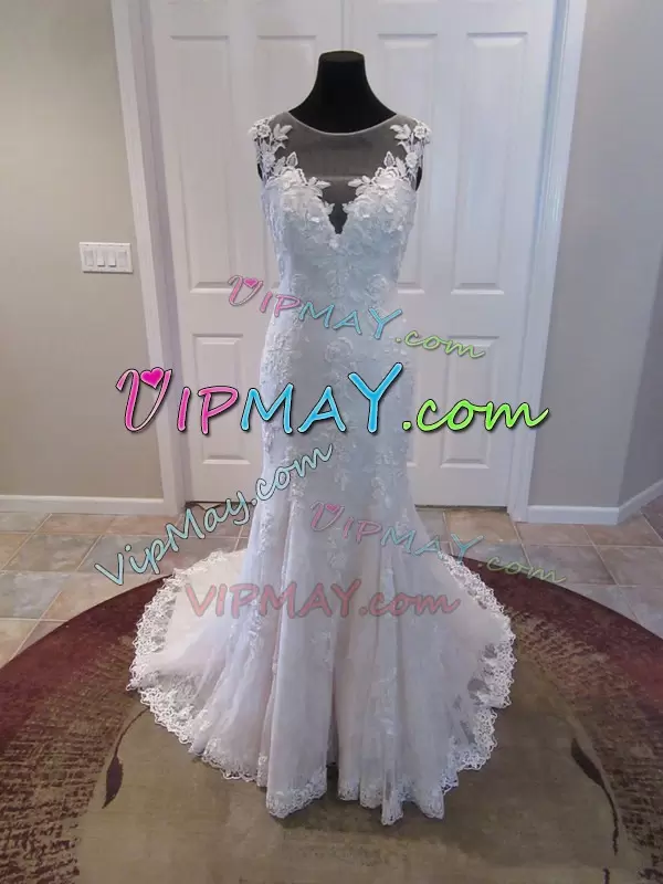 White Mermaid Tulle Scoop Sleeveless Lace Lace Up Bridal Gown Brush Train