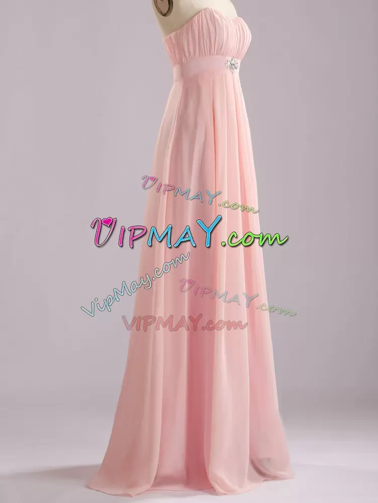 Baby Pink Chiffon Zipper Bridesmaid Dresses Sleeveless Floor Length Beading and Ruching