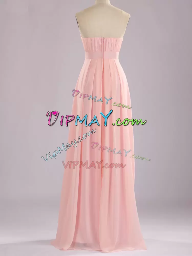 Baby Pink Chiffon Zipper Bridesmaid Dresses Sleeveless Floor Length Beading and Ruching