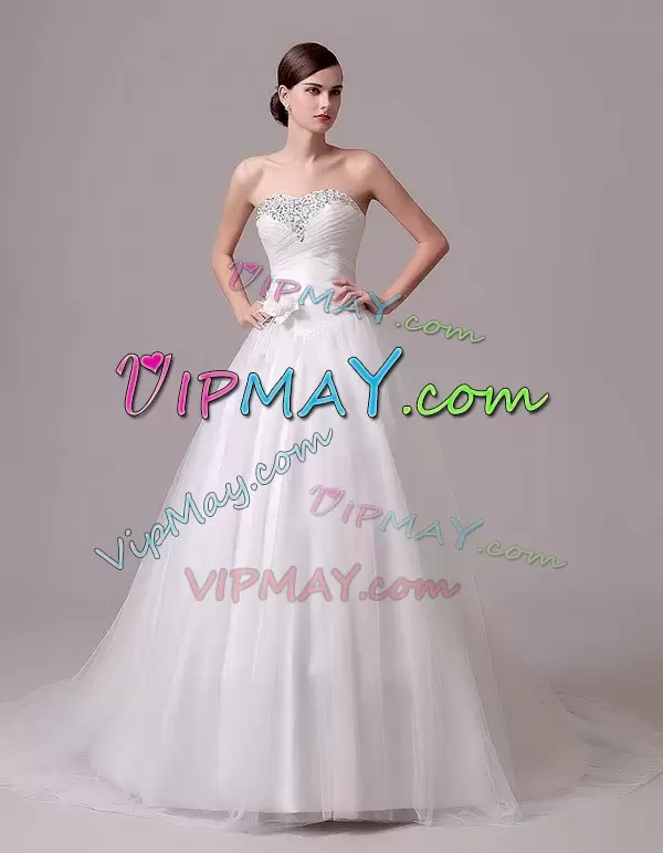 Decent White A-line Beading and Hand Made Flower Bridal Gown Lace Up Tulle Sleeveless With Train