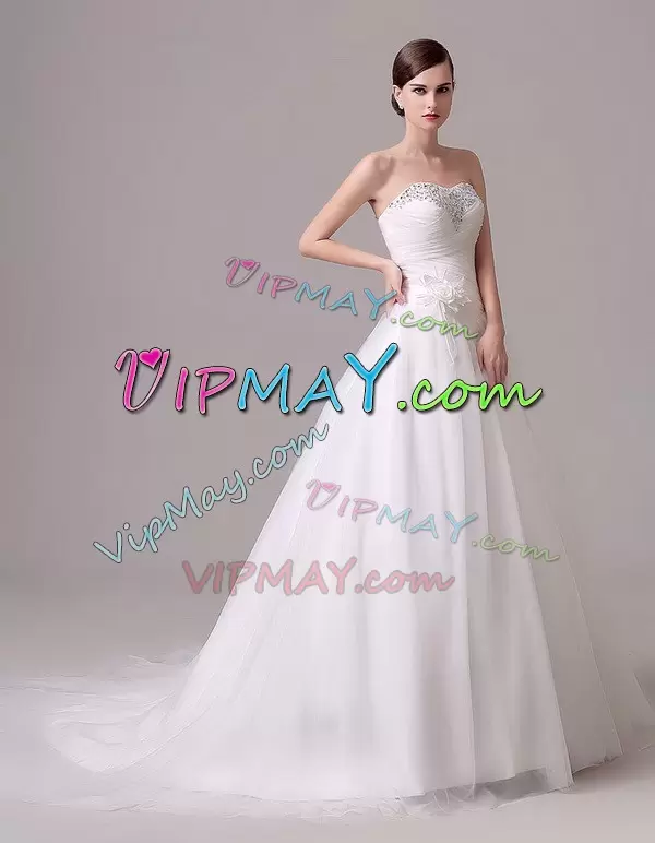 Decent White A-line Beading and Hand Made Flower Bridal Gown Lace Up Tulle Sleeveless With Train