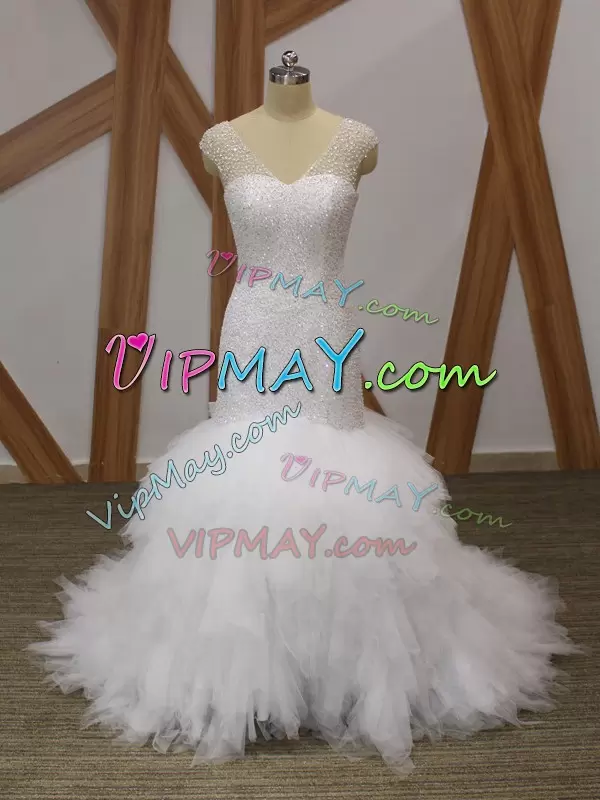 Custom Designed V-neck Sleeveless Brush Train Lace Up Wedding Gowns White Tulle Beading and Ruffles