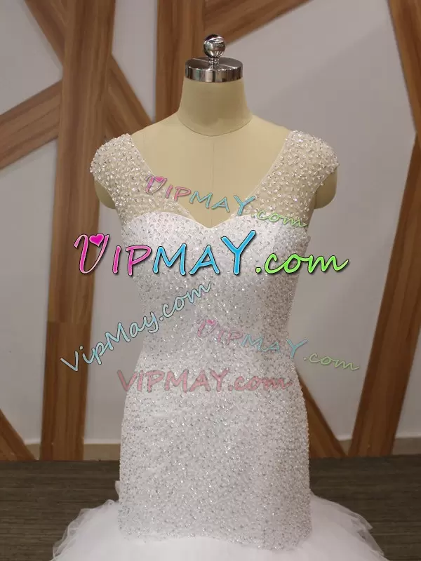 Custom Designed V-neck Sleeveless Brush Train Lace Up Wedding Gowns White Tulle Beading and Ruffles