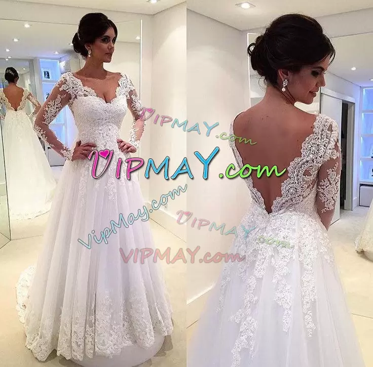 Perfect Appliques Wedding Dress White Backless Long Sleeves Floor Length Brush Train