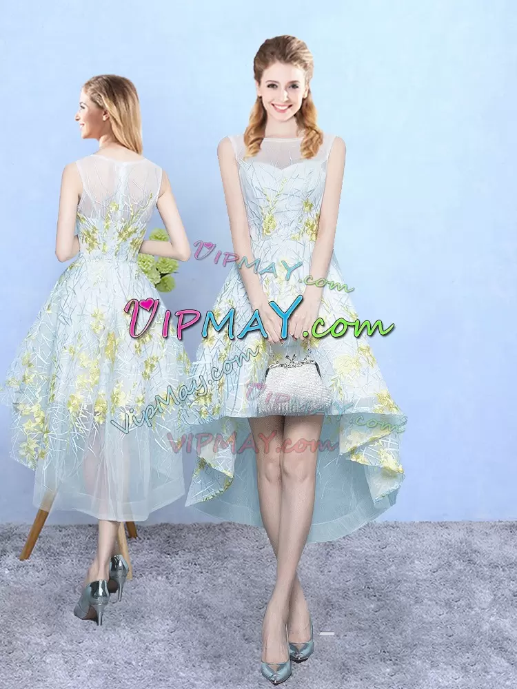 Most Popular High Low Zipper Bridesmaid Gown Apple Green for Prom and Party and Wedding Party with Appliques and Pattern
