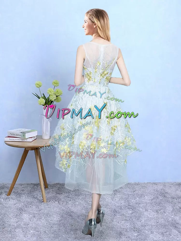 Most Popular High Low Zipper Bridesmaid Gown Apple Green for Prom and Party and Wedding Party with Appliques and Pattern