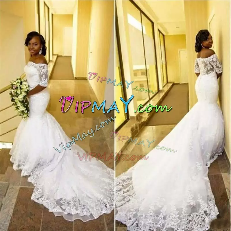 Most Popular White Half Sleeves Lace Zipper Wedding Gown Off The Shoulder