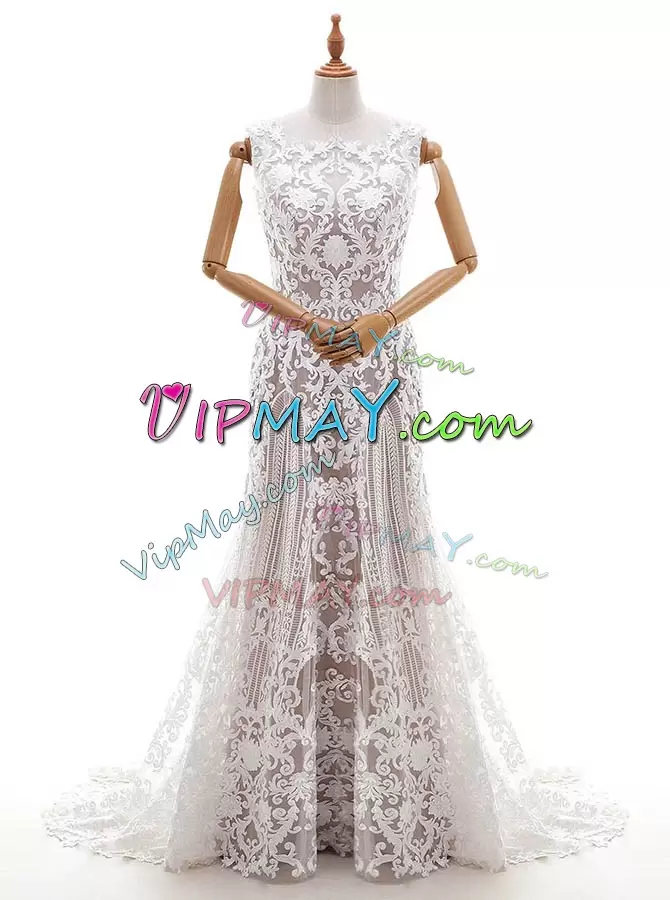 Brush Train Column Sheath Wedding Dresses White Square Lace Sleeveless With Train Zipper