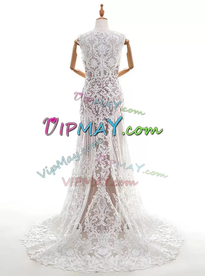 Brush Train Column Sheath Wedding Dresses White Square Lace Sleeveless With Train Zipper