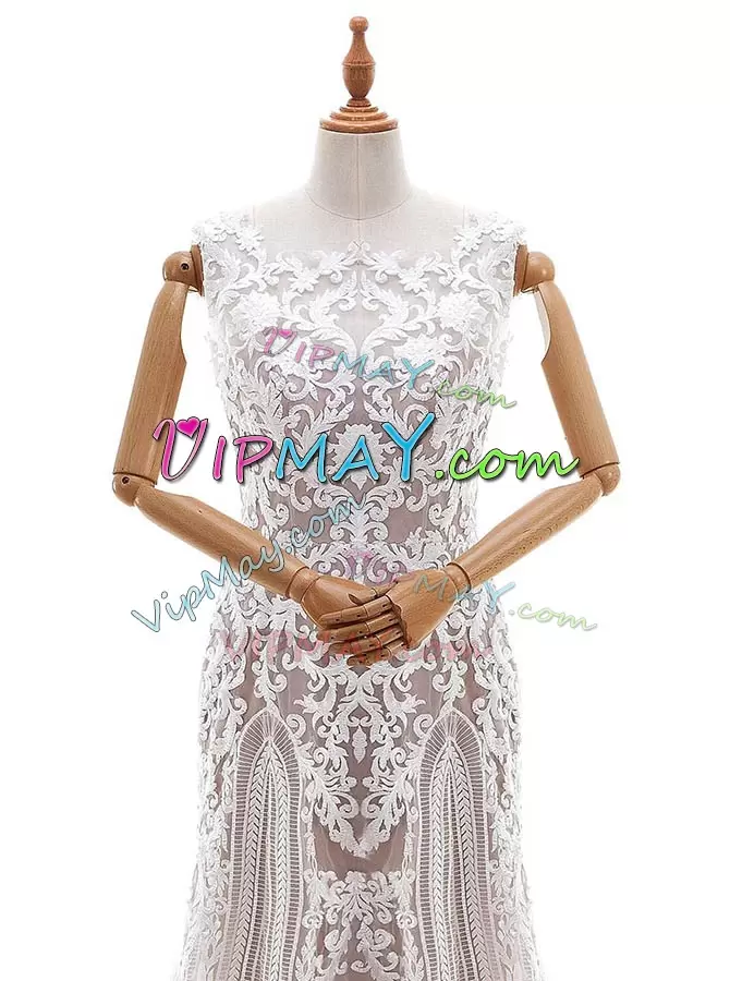 Brush Train Column Sheath Wedding Dresses White Square Lace Sleeveless With Train Zipper