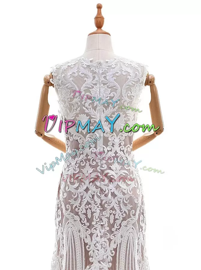 Brush Train Column Sheath Wedding Dresses White Square Lace Sleeveless With Train Zipper