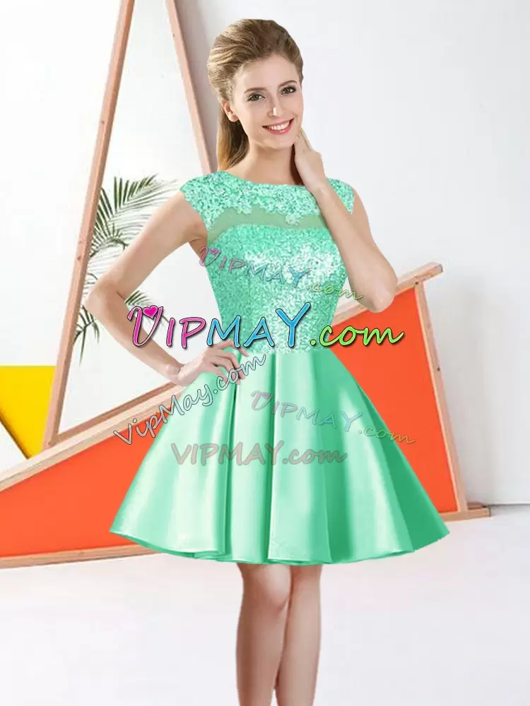 Nice Apple Green A-line Taffeta Bateau Sleeveless Beading and Lace Knee Length Backless Bridesmaid Dresses