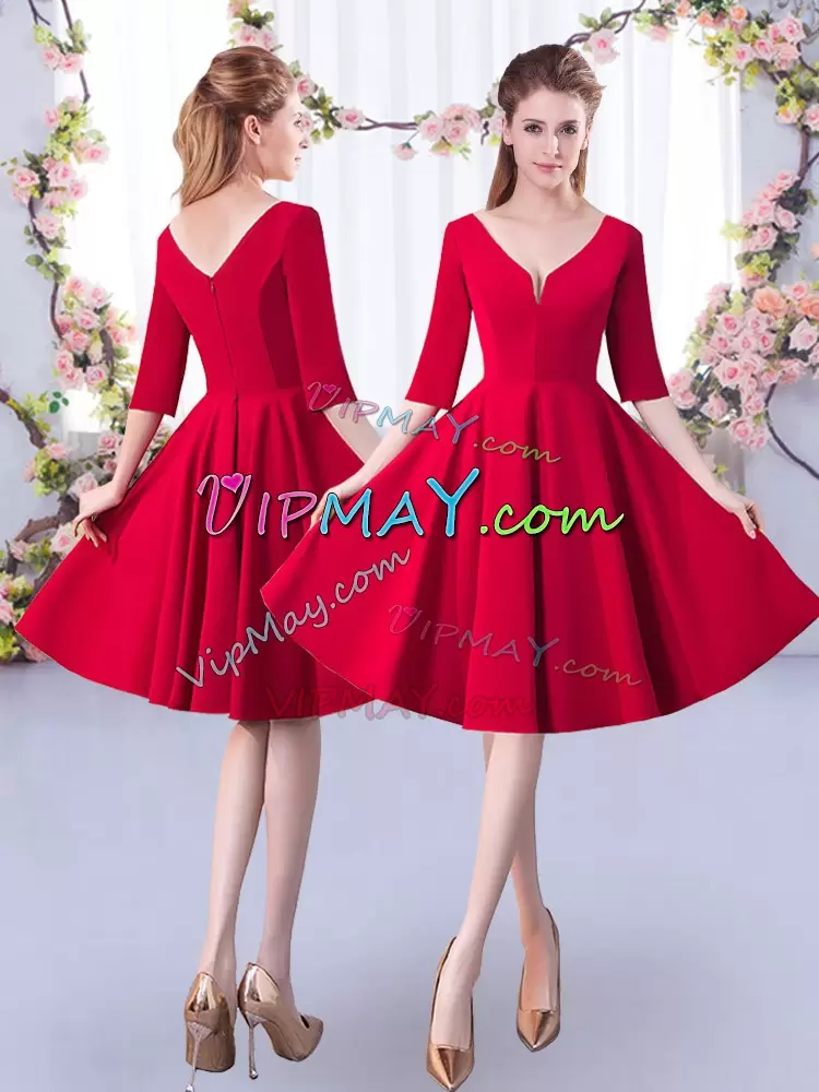 Satin V-neck Half Sleeves Zipper Ruching Bridesmaids Dress in Red