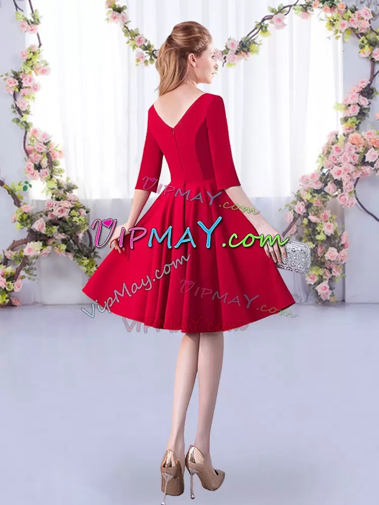 Satin V-neck Half Sleeves Zipper Ruching Bridesmaids Dress in Red