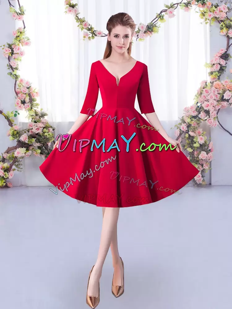 Satin V-neck Half Sleeves Zipper Ruching Bridesmaids Dress in Red