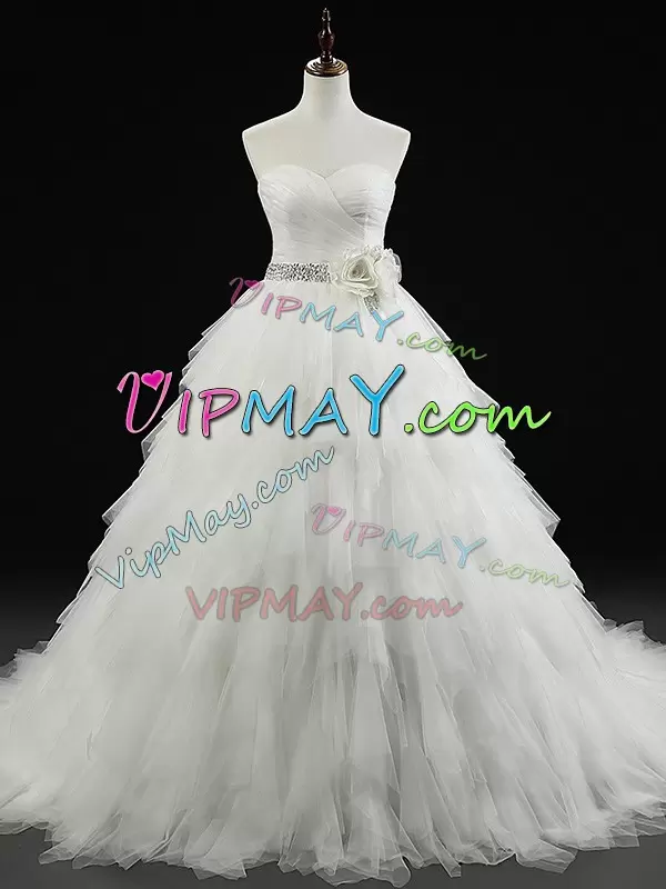 White Ball Gowns Beading and Ruffles and Hand Made Flower Wedding Gowns Lace Up Tulle Sleeveless