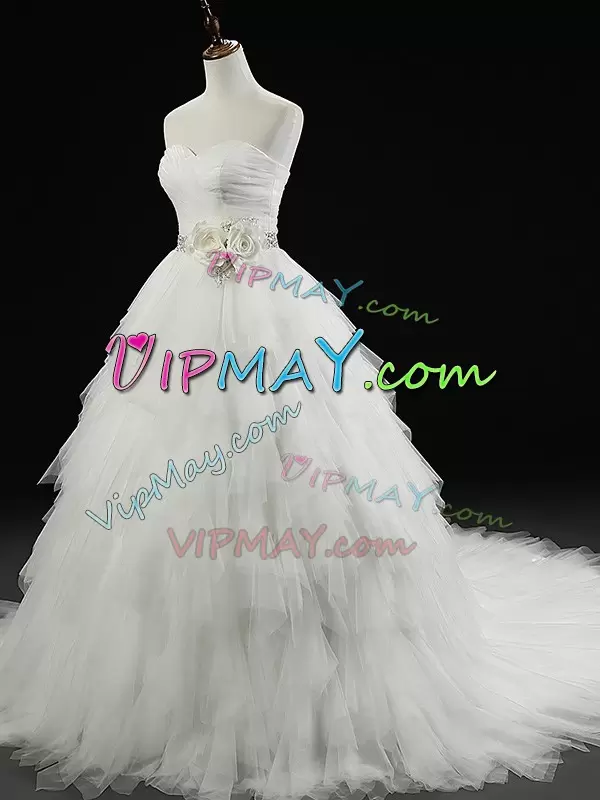 White Ball Gowns Beading and Ruffles and Hand Made Flower Wedding Gowns Lace Up Tulle Sleeveless