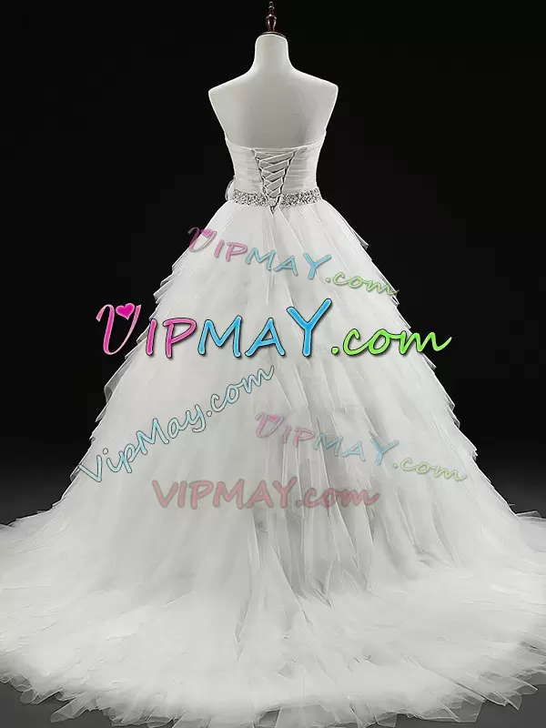 White Ball Gowns Beading and Ruffles and Hand Made Flower Wedding Gowns Lace Up Tulle Sleeveless