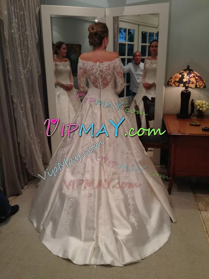 Perfect Off The Shoulder Long Sleeves Wedding Dress Brush Train Lace and Appliques White Satin