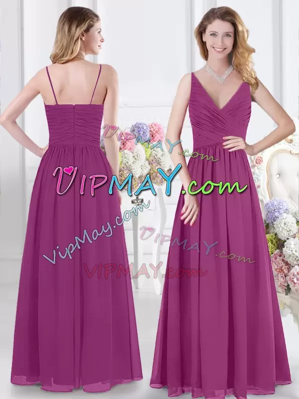 Fuchsia Empire V-neck Sleeveless Chiffon Floor Length Zipper Ruching Wedding Guest Dresses