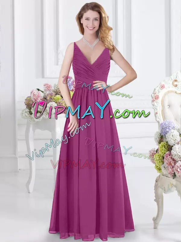 Fuchsia Empire V-neck Sleeveless Chiffon Floor Length Zipper Ruching Wedding Guest Dresses