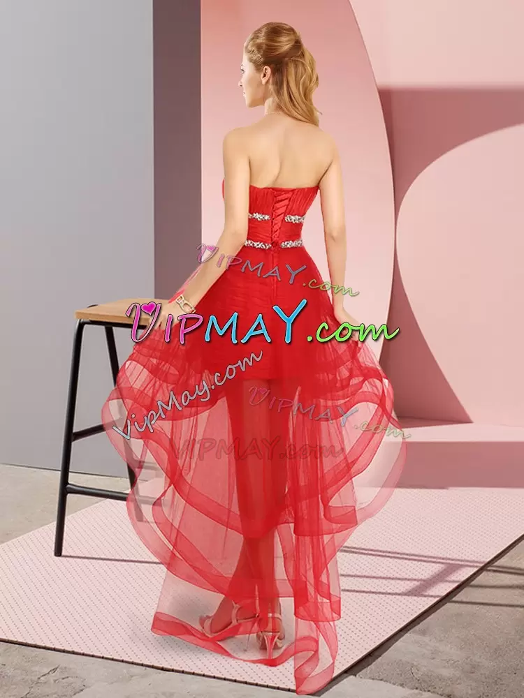 Customized Coral Red Lace Up Dama Dress for Quinceanera Beading Sleeveless High Low