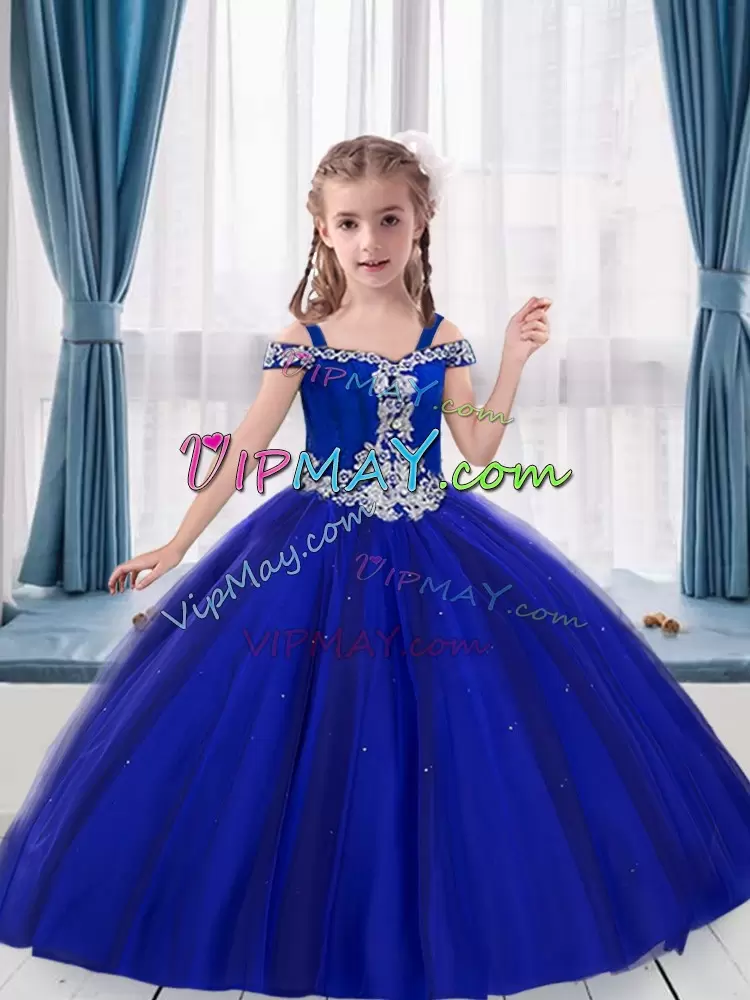 Latest Royal Blue Off The Shoulder Lace Up Beading and Appliques Little Girls Pageant Dress Wholesale