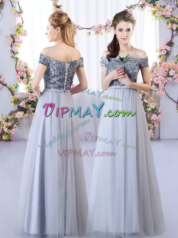 Modest Appliques Bridesmaids Dress Grey Lace Up Sleeveless Floor Length