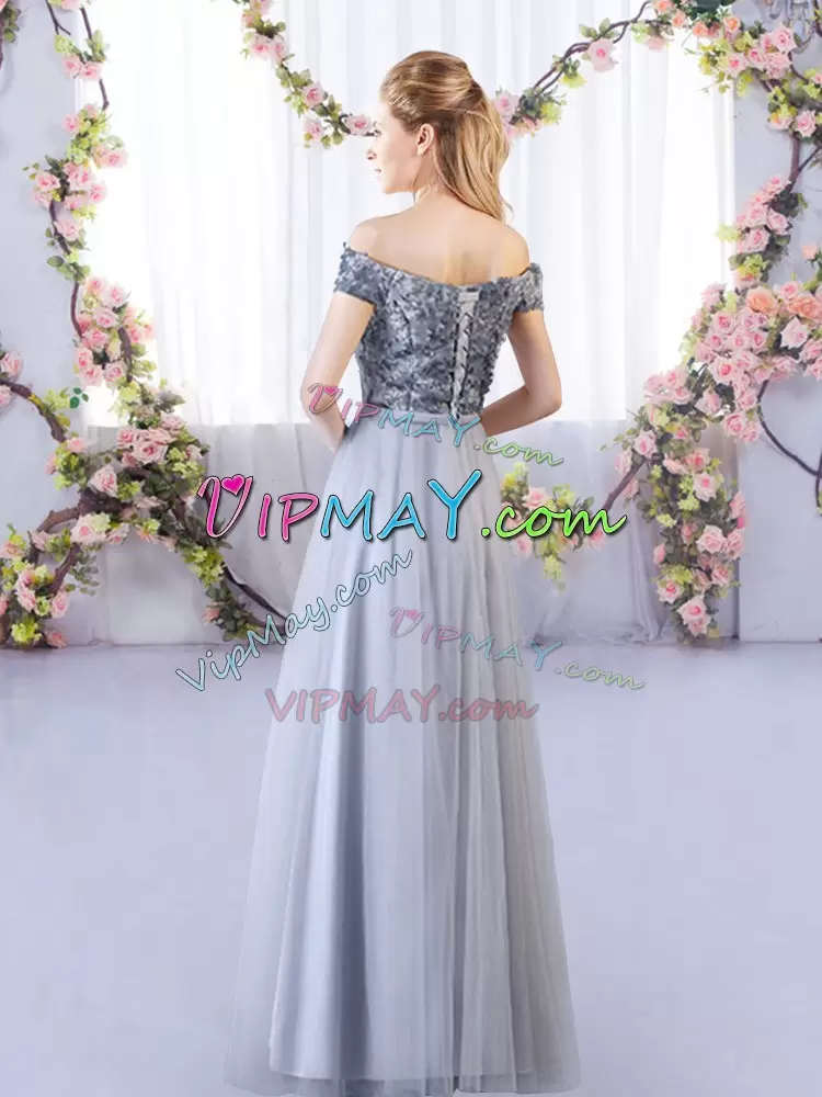 Modest Appliques Bridesmaids Dress Grey Lace Up Sleeveless Floor Length