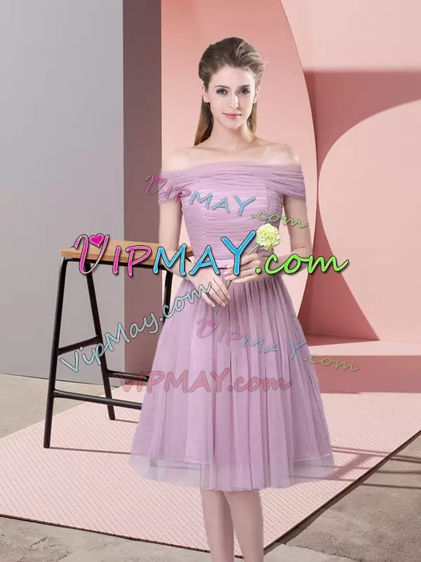 Lavender Off The Shoulder Neckline Ruching and Belt Quinceanera Court of Honor Dress Sleeveless Side Zipper