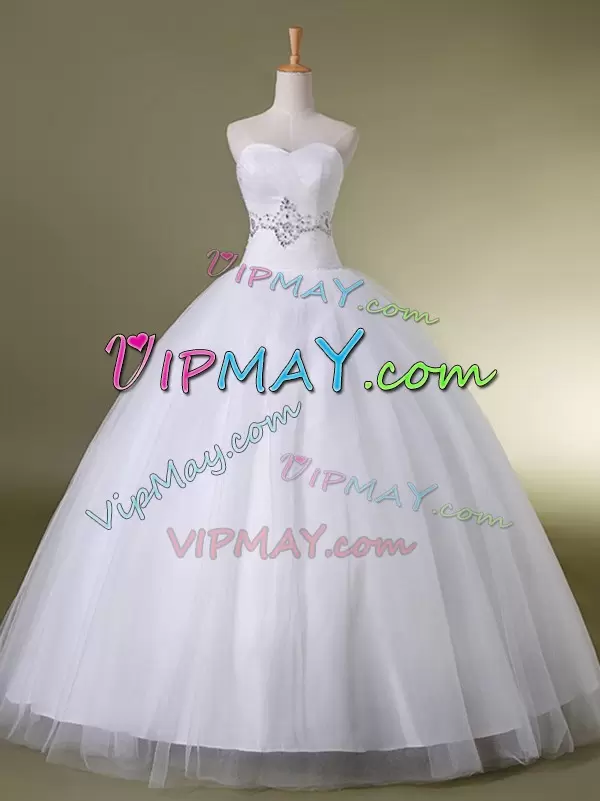 Hot Sale White Tulle Lace Up Sweetheart Sleeveless Floor Length Wedding Dresses Beading