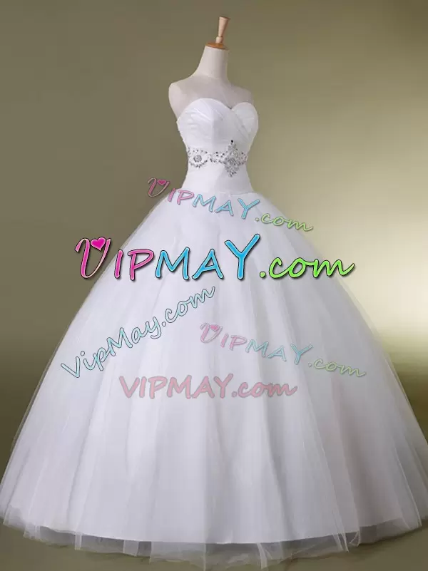 Hot Sale White Tulle Lace Up Sweetheart Sleeveless Floor Length Wedding Dresses Beading