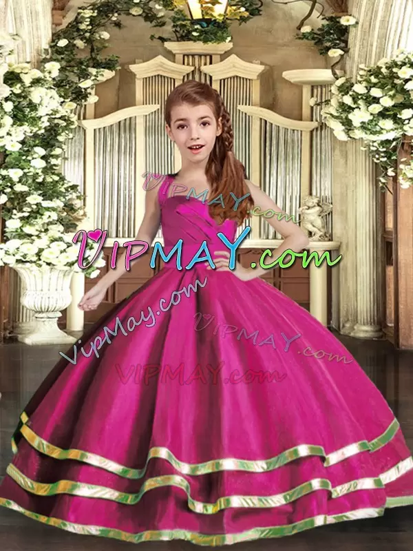 Glorious Floor Length Fuchsia Evening Gowns Organza Sleeveless Ruffled Layers and Ruching