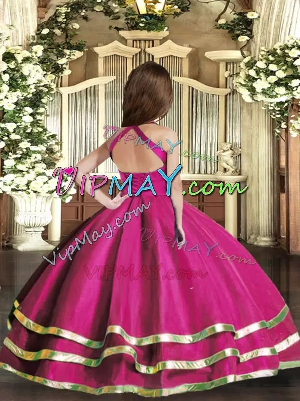 Glorious Floor Length Fuchsia Evening Gowns Organza Sleeveless Ruffled Layers and Ruching