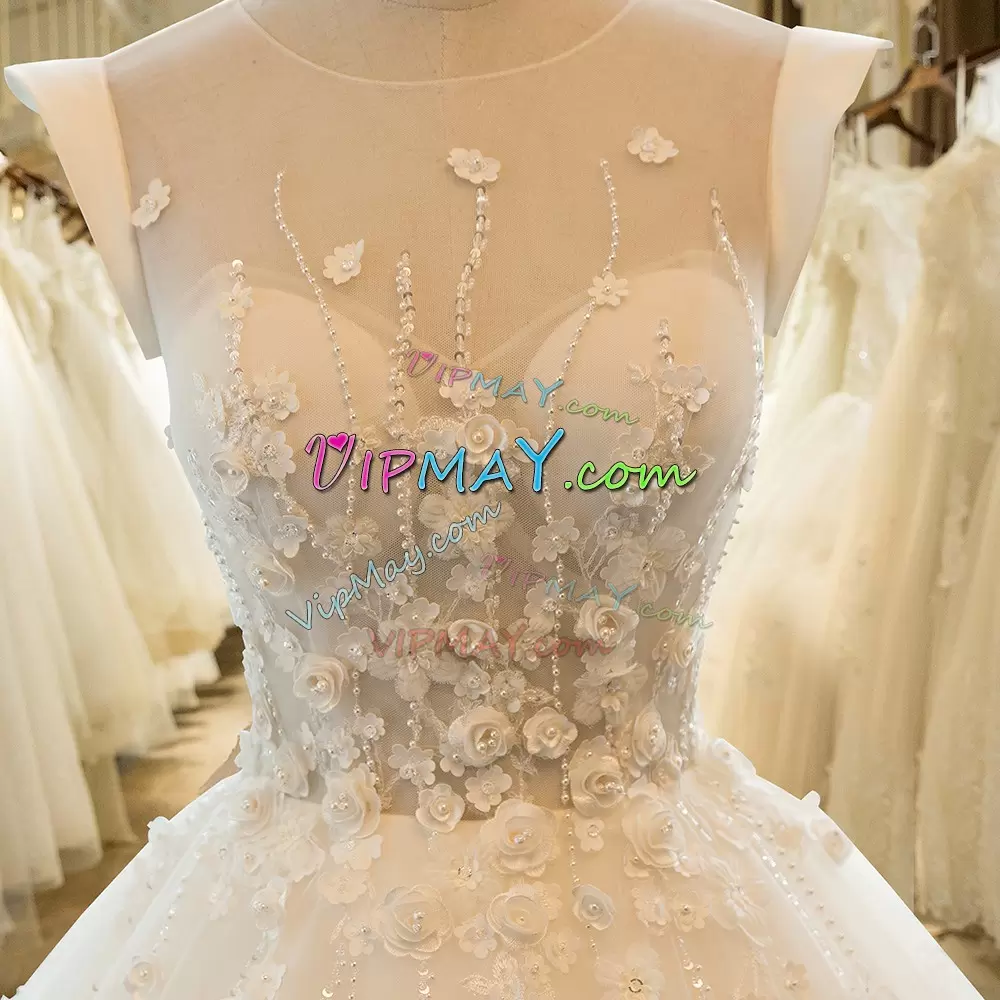 Adorable White Cap Sleeves Court Train Sequins and Hand Made Flower Wedding Dresses