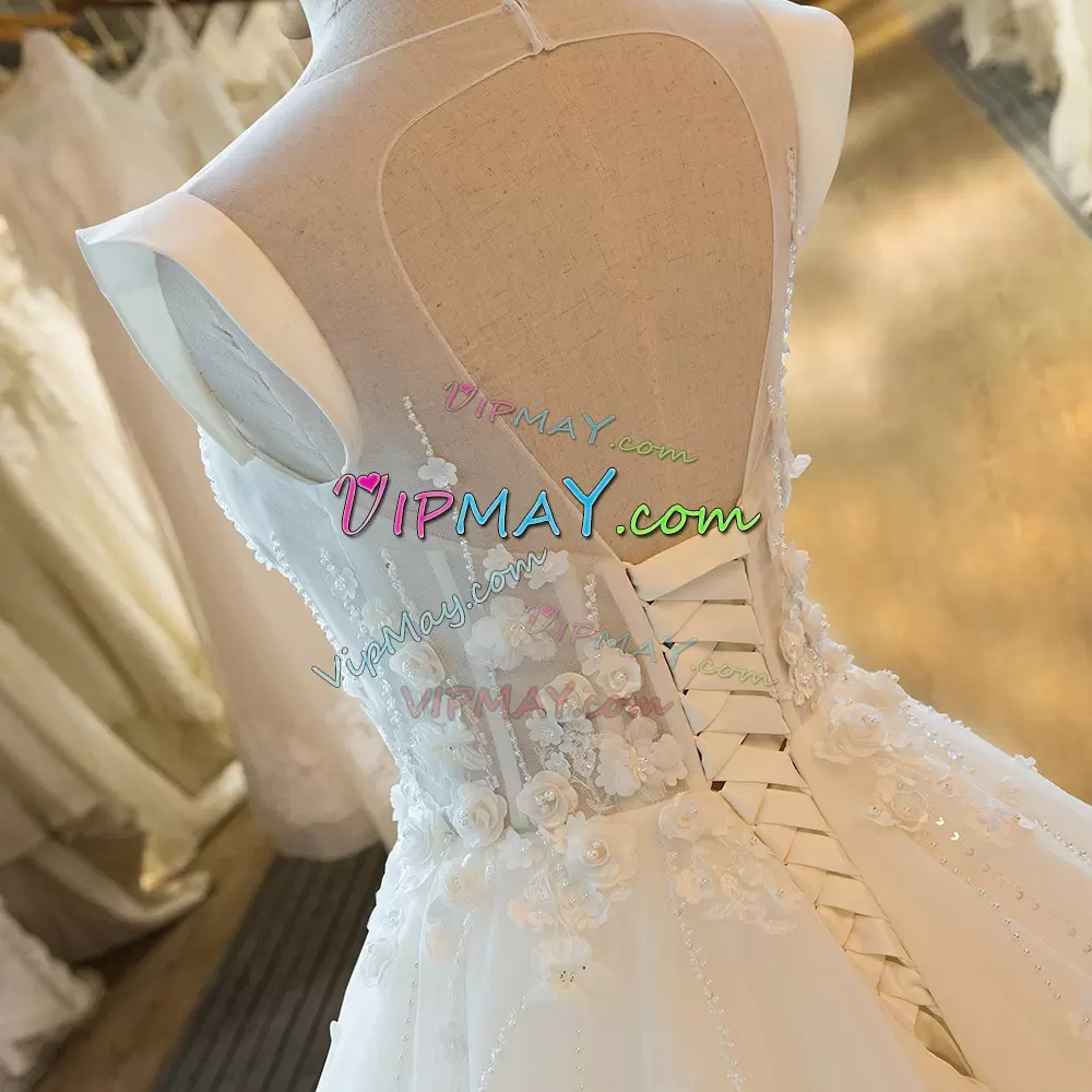 Adorable White Cap Sleeves Court Train Sequins and Hand Made Flower Wedding Dresses